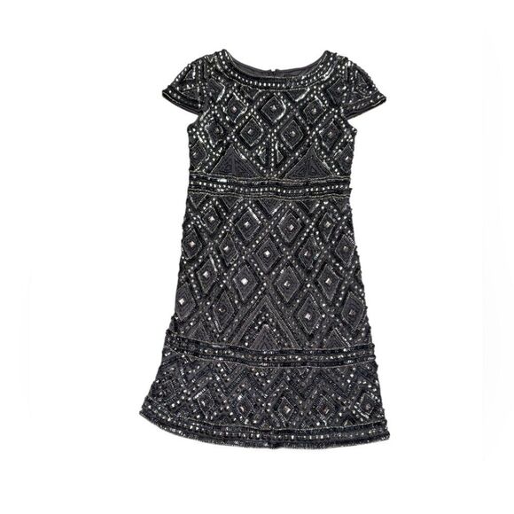 Adrianna Papell women’s Smoke Diamond Check Beaded Mesh Sheath mini Dress sz 6 - Picture 3 of 9